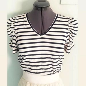 Classy navy blue and cream striped puff sleeve shirt.